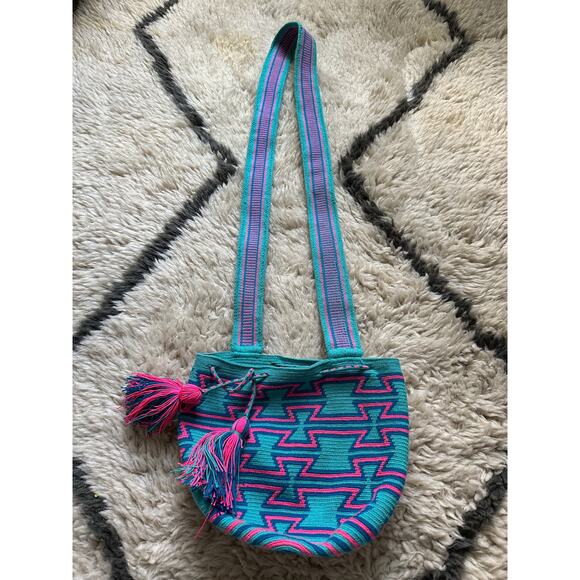 Authentic 100% Wayuu Mochila Colombian Bag cotton candy bohemian blue pink neon - Picture 9 of 16